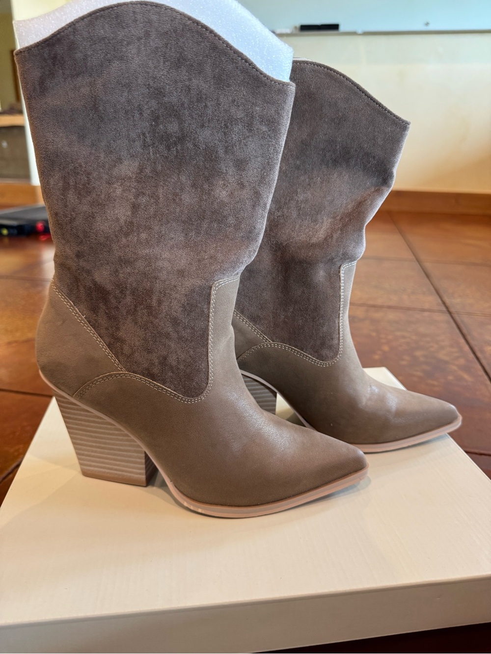 Taupe Pointed-Toe Mid-Calf Boots
